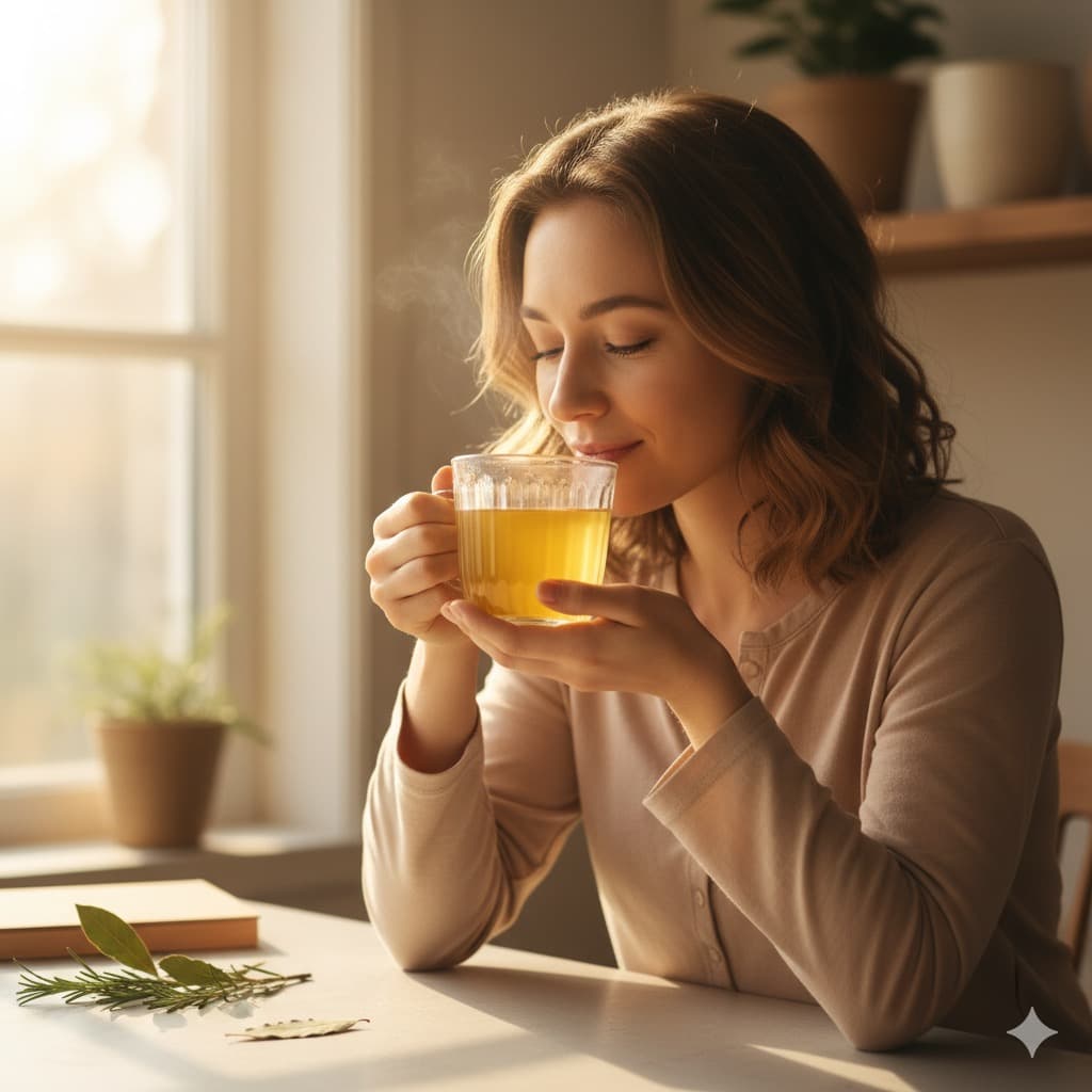 Mujer disfrutando una taza de caldo de huesos Lotta Healing Food en la mañana